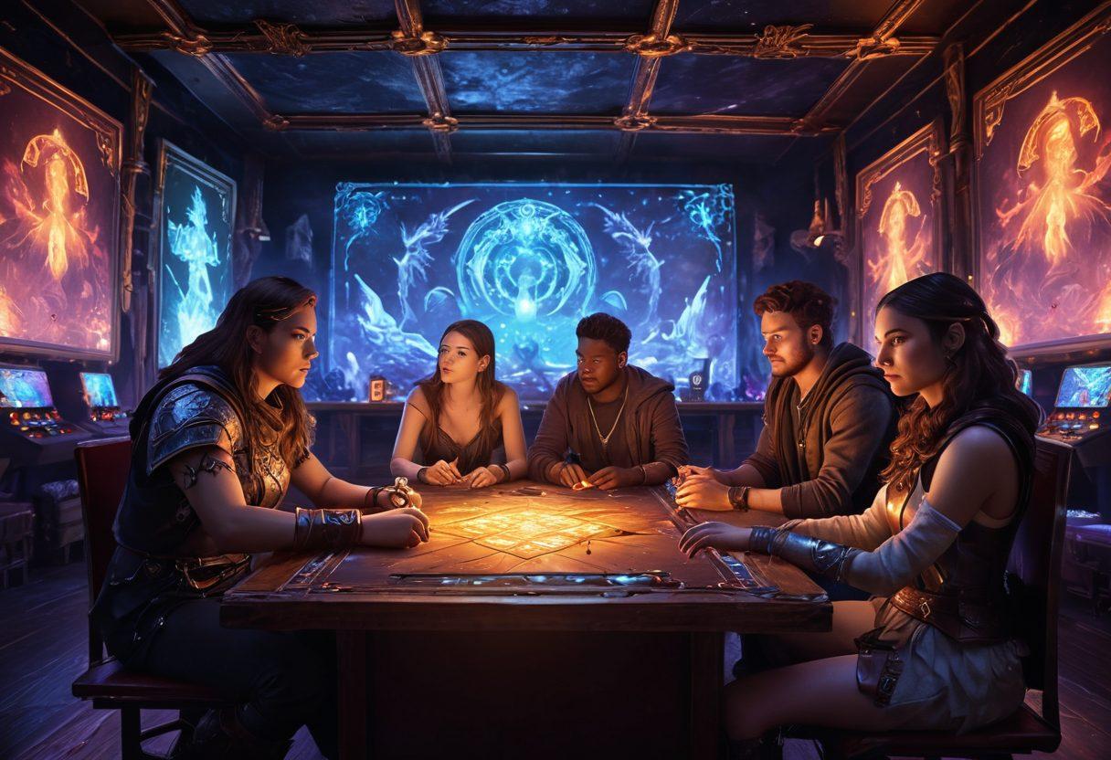 A vibrant gaming landscape featuring a group of diverse adult gamers immersed in various fantasy-themed games. Include magical creatures, elaborate game setups, and energetic expressions on the players' faces, surrounded by glowing screens and mystical symbols. The atmosphere should be dynamic and inviting, reflecting the excitement of exploring new worlds. super-realistic. vibrant colors. dark background with glowing elements.