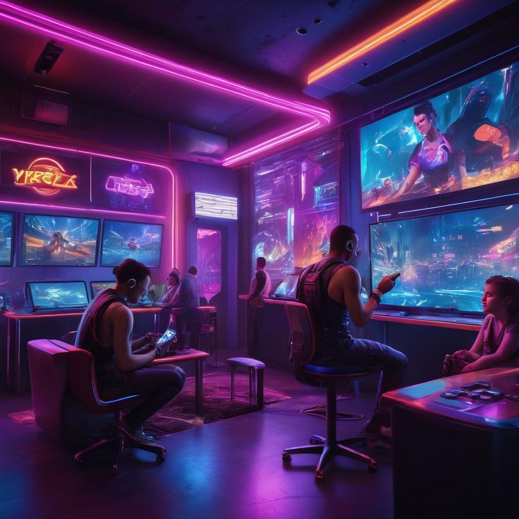 A dynamic scene featuring diverse people of various ages and backgrounds engaging intensely with vibrant, futuristic gaming setups. The focus is on a variety of sex-themed games displayed on large screens, showcasing colorful graphics and animated characters. The ambiance is lively and inviting, with neon lights and playful decor. Include elements that symbolize excitement and community, like game controllers and laughter. cyberpunk. vibrant colors. 3D.